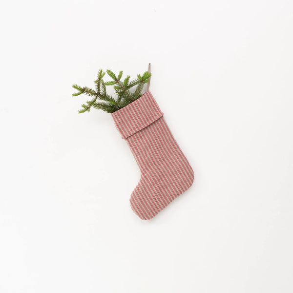 Red Striped Natural Linen Christmas Stocking